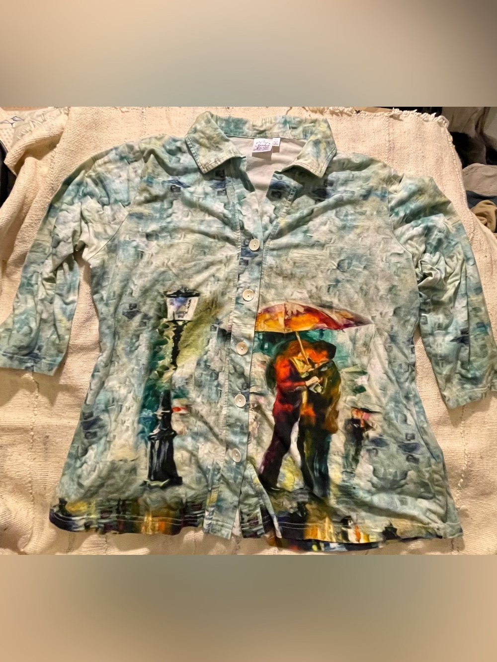 Parsley & Sage Light Green Printed Button-Up Blouse with Umbrella Graphic